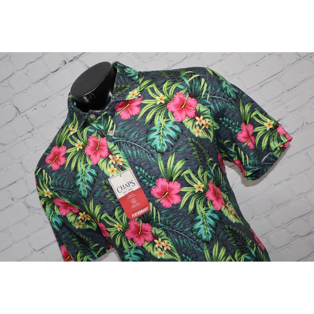 Chaps Performance Golf Polo Mens Large Charcoal Floral Hibiscus Stretch NEW